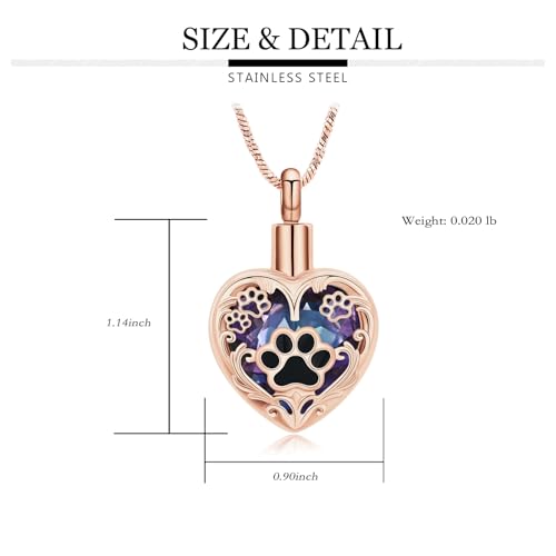Yinplsmemory Pet Urn Necklace Pendant Jewelry for Dog Cat Memorial Crystal Heart Cremation Jewelry with Paw Print Ashes Keepsake Funeral Jewelry - color: Rose gold-purple