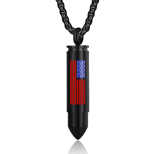 Bullet Urn Necklace for Ashes Stainless Steel Box Chain 24 inch American Flag Pendant Cremation Memorial Jewelry for Men - color: Flag Black