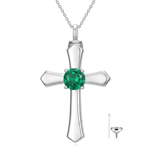 YYB Urn Necklace for Ashes Women Heart Birthstone Cross Cremation Jewelry | Memorial Keepsake Funeral Jewelry for Loved Ones (with Funnel Filler) - color: 05--Emerald May