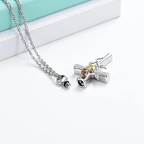 shajwo Cross Urn Necklace for Ashes Birthstone Rose Flower Cremation Jewelry for Women Gilrs Keepsake Memorial Ashes Pendant - color: Yellow