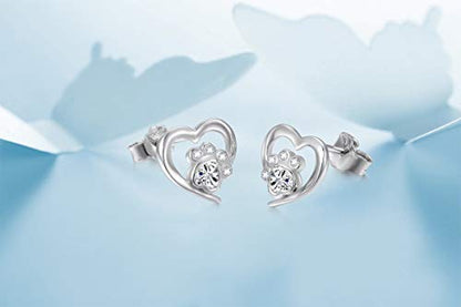 FLYOW 925 Sterling Silver Cute Paw Print Forever Love Heart Pendant Necklace/Bracelet/Stud Earrings Gift for Women, Box Chain 18" - style: Paw Stud