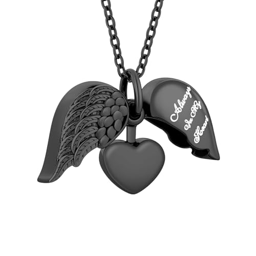 Angel Wing Heart Cremation Jewelry for Ashes Pendant Urn Necklace with Mini Keepsake Urn Memorial Ashes Jewelry for Women Men - color: Black