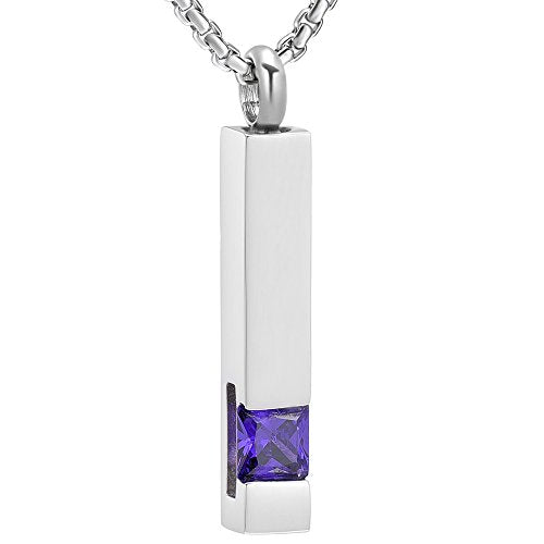 Oinsi Urn Necklaces for Ashes Crystal Cremation Urn Jewelry Birthstone Cube Urns for Human Ashes Memorial Ashes Necklace Pendant Keepsake CZ Bar Urn Locket for Men Women - color: Sliver (Dark Purple Stone)