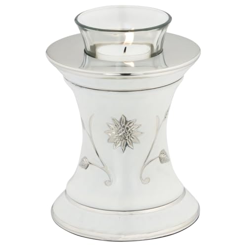 Grace White Tealight Cremation Urn for Ashes, Brass Memorial Candle, White and Silver, Extra Small Sized Cremation Urn, 5.5 Inches High - color: White