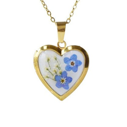 Heart Locket Necklace That Holds Pictures Pressed Flower Photo Locket Pendant Necklace for Girl Women Gift for Her - style: Gold-Blue Forget me not