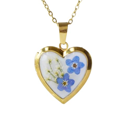 Heart Locket Necklace That Holds Pictures Pressed Flower Photo Locket Pendant Necklace for Girl Women Gift for Her - style: Gold-Blue Forget me not