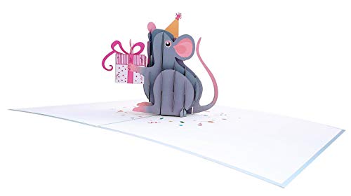 Gifts And Cards Happy Mouse Birthday Party Hat Gift 3D Pop-Up Card 6"x8" | Best Wishes, Congratulations, Cheerful Animal Lovers Presents, Feliz Cumpleaños, Friend, Daughter, Son, Festive Keepsake - color: Mouse Birthday