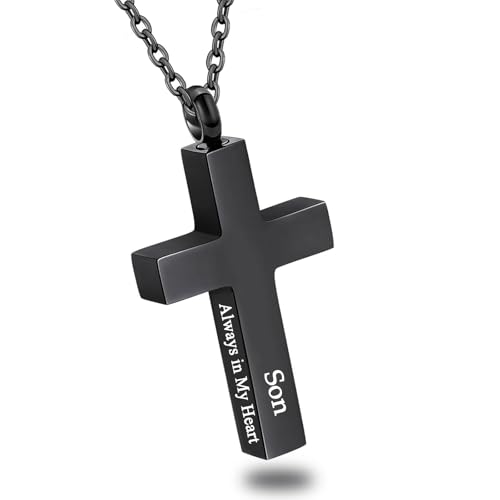 Cross Urn Necklace for Ashes for Men Women Cremation Jewelry Urns Locket Pendant Ashes Holder Memorial Jewelry-Always in My Heart - color: Always in My Heart,Black Son