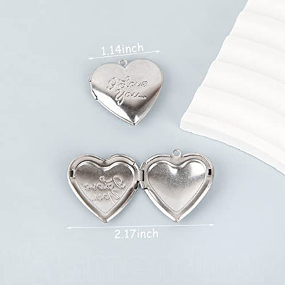 Framendino, 10 Pack Stainless Steel Locket Pendants Photo Frame Charms Heart I Love You for DIY Making