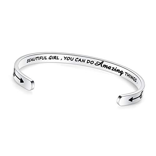 TONY & SANDY Inspirational Bracelets for Women Teen Girls Personalized Gifts for Daughter Granddaughter Mom Sister Friends Stainless Steel Engraved Cuff Birthday Easter Christmas - style: 0 - Beautiful girl, you can do amazing things