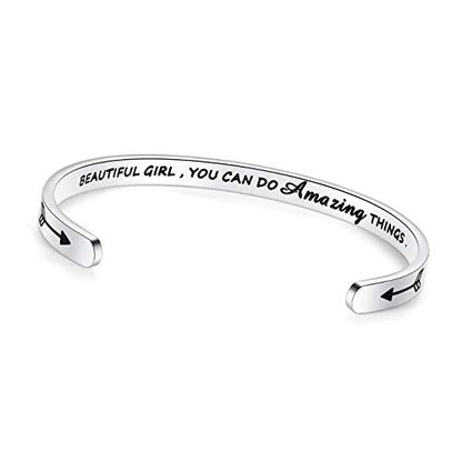 TONY & SANDY Inspirational Bracelets for Women Teen Girls Personalized Gifts for Daughter Granddaughter Mom Sister Friends Stainless Steel Engraved Cuff Birthday Easter Christmas - style: 0 - Beautiful girl, you can do amazing things