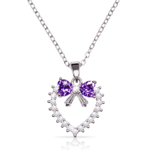 Bow Heart Pendent Pendant Necklace for Women White Crystal Necklace Dainty Silver Plated Necklace Bow Jewelry with Zirconia, Heart Choker Necklaces for Her Gifts - style: Purple heart