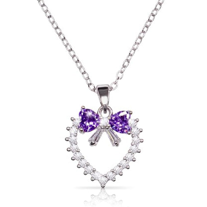 Bow Heart Pendent Pendant Necklace for Women White Crystal Necklace Dainty Silver Plated Necklace Bow Jewelry with Zirconia, Heart Choker Necklaces for Her Gifts - style: Purple heart