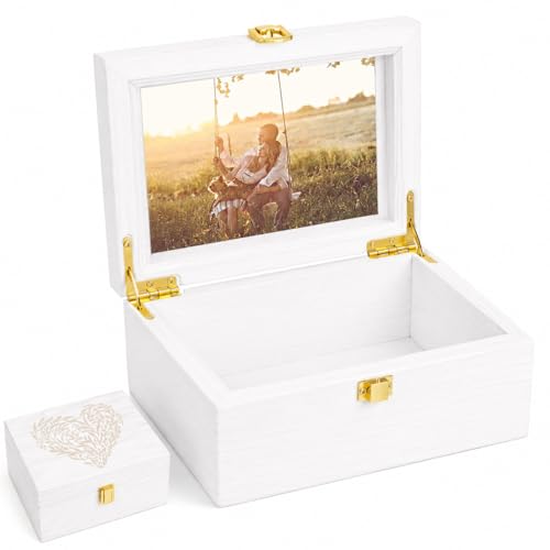 Small Wooden Memory Keepsake Box with Hinged Lid and a Photo Frame inside the Lid - Decorative Storage Box with a Hinge Lid for Picture Letter Time Capsule - Wooden Gift Box, 3.1"*5.1"*7.1" White - color: White