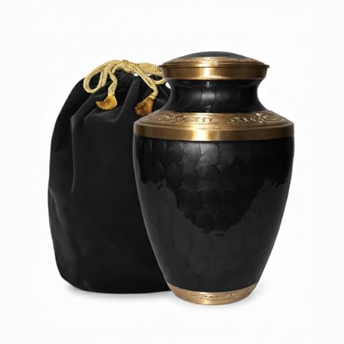 Large Brass Cremation Urn for Human Ashes | Black Handcrafted Funeral Memorial Urn for Adults | Decorative Urns for Men & Women | Secure Screw Lid with Velvet Pouch - color: Black
