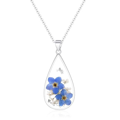 AUNTESIGN Forget-Me-Not and Queen Anne's Lace Pressed Wildflower Necklace | Birth Month Flowers Necklace | Gold/Silver Pressed Flower Jewelry | Mother's Day | Gift For Her - color: 925 Sterling Silver Forget-Me-Not Necklace(Silver)