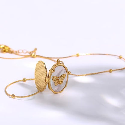 Gold Locket Necklace for Women Vintage, Heart Star Moon Butterfly Angel Holds Picture Photo Oval Locket Pendant Memorial Necklace Personalized Celestial Jewelry Birthday Gifts - style: Oval Butterfly