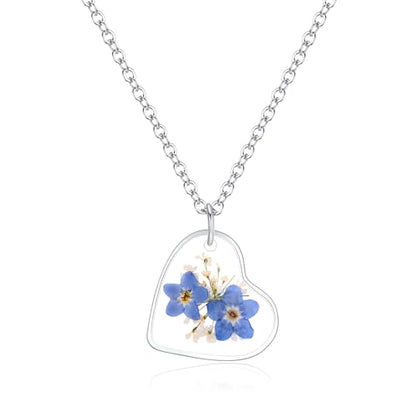 AUNTESIGN Forget-Me-Not and Queen Anne's Lace Pressed Wildflower Necklace | Birth Month Flowers Necklace | Gold/Silver Pressed Flower Jewelry | Mother's Day | Gift For Her - color: Heart Forget Me Not and Queen Anne's Lace Necklace