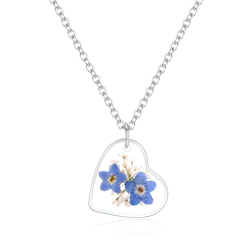 AUNTESIGN Forget-Me-Not and Queen Anne's Lace Pressed Wildflower Necklace | Birth Month Flowers Necklace | Gold/Silver Pressed Flower Jewelry | Mother's Day | Gift For Her - color: Heart Forget Me Not and Queen Anne's Lace Necklace
