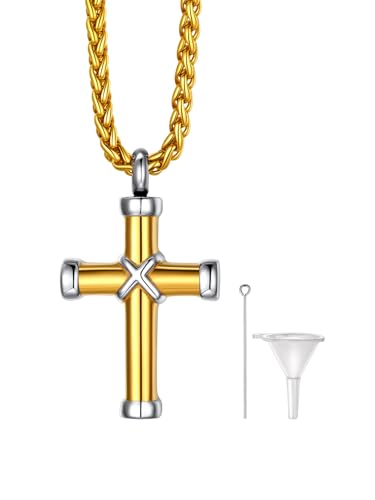 Richsteel Urn Necklaces for Ashes for Women Men Cremation Pendant | Necklace for Ashes Stainless Steel Memorial Jewelry - color: 02-Gold X Cross
