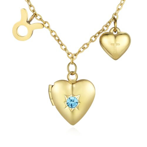 18K Gold Photo Lockets that Hold Picture,Heart Locket Necklace,Zodiac Symbol with Cross Heart Pendant,Locket Necklace for Women,Chain 20 Inch,Perfect Christmas Thanksgiving Gift for Her - color: Taurus (20/4-20/5)