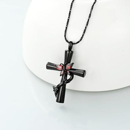 Imrsanl Cross with Butterfly Urn Necklaces for Ashes for Women - color: Black Red
