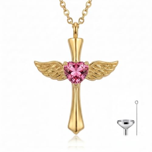 14K Gold Angel Wings Cross URN Necklace Cremation Necklaces for Ashes Embellished with Birthstone, Yellow Gold Fine Keepsake Memorial Jewelry - color: October Birthstone