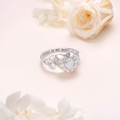 925 Sterling Silver Heart Opal Urn Ring for Ashes Celtic Knot Memorial Ring | Forever in My Heart, Cremation Keepsake Jewelry, Gift for Women