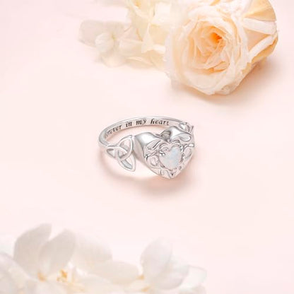 925 Sterling Silver Heart Opal Urn Ring for Ashes Celtic Knot Memorial Ring | Forever in My Heart, Cremation Keepsake Jewelry, Gift for Women