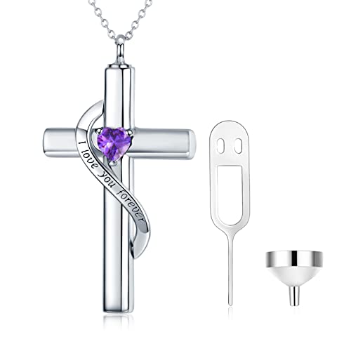 SOULMEET Crystal Cross Necklace for Ashes, Sterling Silver I Love You Forever Birthstone Cross Urn Necklaces for Ashes Keepsake Cremation Jewelry for Pet Human Ashes - style: B-White Gold-February