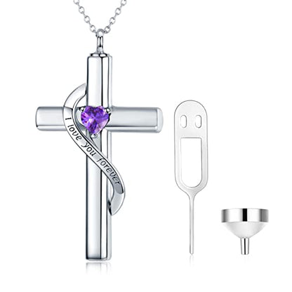 SOULMEET Crystal Cross Necklace for Ashes, Sterling Silver I Love You Forever Birthstone Cross Urn Necklaces for Ashes Keepsake Cremation Jewelry for Pet Human Ashes - style: B-White Gold-February