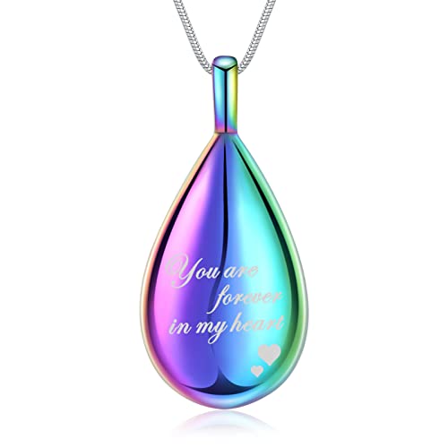 Urn Pendant Necklace Teardrop Cremation Jewelry for Ashes Memorial Keepsake for Women Jewelry Funeral Ashes Holder Collarbone Necklace You are forever in my heart - color: Rainbow