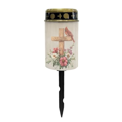 Cross and Cardinal Bird Solar Powered Landscape Lights for Grave Memorial Gift Decor Flameless Waterproof Solar Power Outdoor Candle for Cemetery - color: Cross and Cardinal Bird