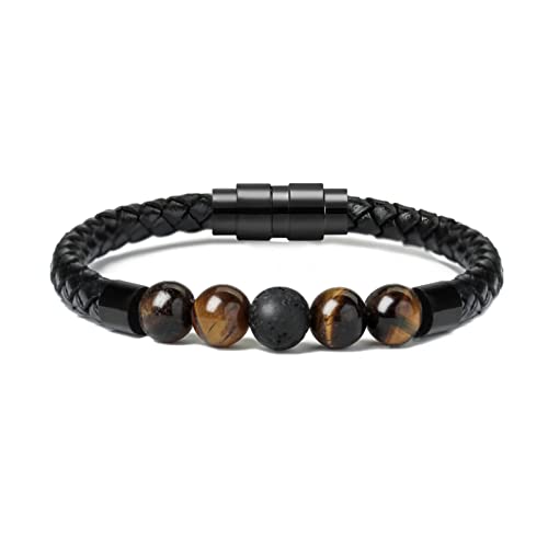 Lava Stone Urn Bracelet for Ashes Cremation Jewelry for Women Men Genuine Leather Memorial Rope Cuff Bangle Braided Bracelets Keepsake Jewelry for Loved Ones with Fill Tool 22cm - color: 4 Tiger Eyes+1 Lave stone