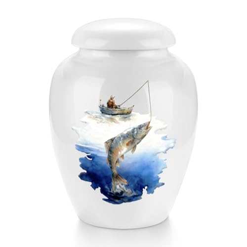 abooxiu Small Urns for Human Ashes Mini Urn for Ashes 2.8 Inch Ceramic Memorial Keepsake Urn Cremation Urn for Adult Female Male Women Men, Decorative Funeral Burial Urns, Fishing Scene