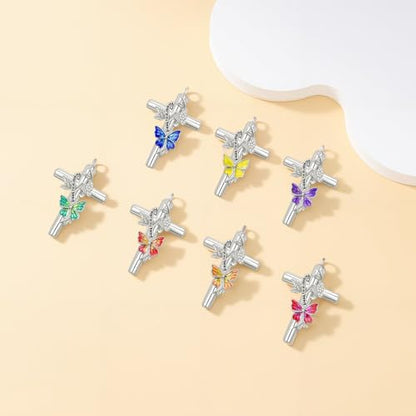 SOULMEET Enamel Butterfly Cross Urn Necklace for Ashes, Cross Moissanite Butterfly Ashes Necklaces with Forever in My Heart Engraved Keepsake Cremation Locket Jewelry for Women Men - color: C-Red, style: Custom Engraved
