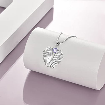 YFN Angel Wings Necklace 925 Sterling Silver Guardian Angel Wings Pendant Necklace Birthstone Necklace for Women Girls Christmas Jewelry Gifts - color: June