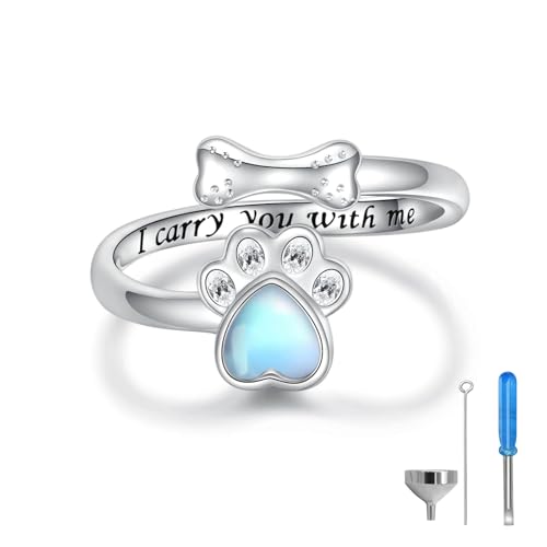 Sterling Silver Dog Urn Ring for Ashes Women Cremation Keepsake Dog Ashes - color: Moonstone