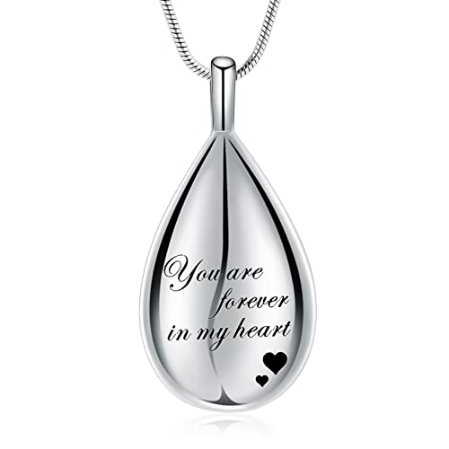 Urn Pendant Necklace Teardrop Cremation Jewelry for Ashes Memorial Keepsake for Women Jewelry Funeral Ashes Holder Collarbone Necklace You are forever in my heart - color: Silver