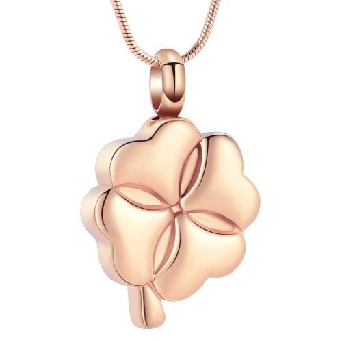 Cremation Jewelry Memorial Urn Necklace for Ashes Lucky Four-Leaf Clover Urn Pendant Necklace Ashes Keepsake for Women Men - color: Rose gold