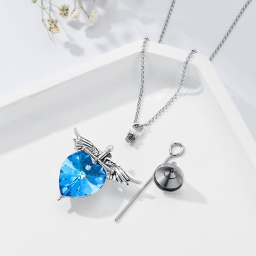 SOULMEET Memorial Wings Necklace for Ashes with Large Heart Crystal Birthstone, Angel Wings Urn Necklaces with Heart Shaped Birthstone Keepsake Silver Cremation Jewelry - style: L-December