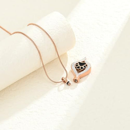 The Eye of My Heart Paw Print Urn Necklace for Ashes | stainless steel cremation jewelry, holds pet human ashes, paw print memorial urn pendant, leak-proof sealed design, unisex - color: Rose gold