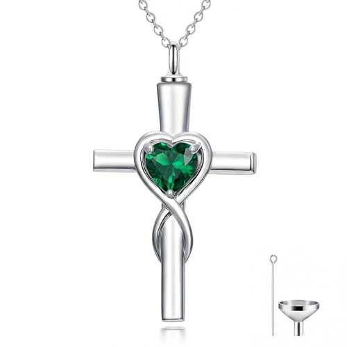 YYB Urn Necklace for Ashes Women Heart Birthstone Cross Cremation Jewelry | Memorial Keepsake Funeral Jewelry for Loved Ones (with Funnel Filler) - color: 05-May-Emerald