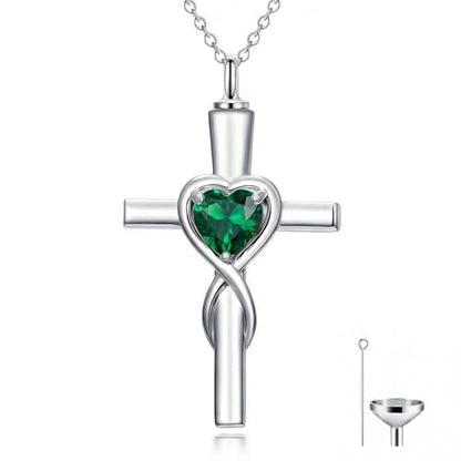 YYB Urn Necklace for Ashes Women Heart Birthstone Cross Cremation Jewelry | Memorial Keepsake Funeral Jewelry for Loved Ones (with Funnel Filler) - color: 05-May-Emerald