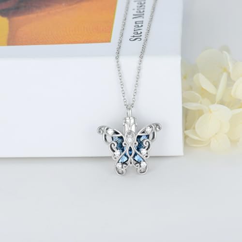 AOBOCO Heart URN Necklace S925 Sterling Silver Cremation Necklaces for Ashes Embellished with Crystals from Austria, Fine Keepsake Memorial Jewelry (Package including a Necklace/Pin/Funnel) - style: C4-Butterfly Ashes Necklace Blue