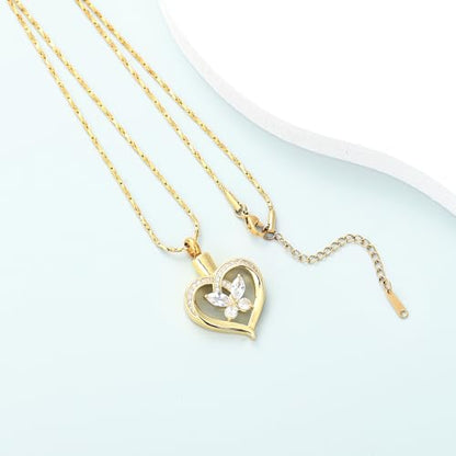 Imrsanl Butterfly Heart Pendant Cremation Urn Necklace for Women - color: Gold-White