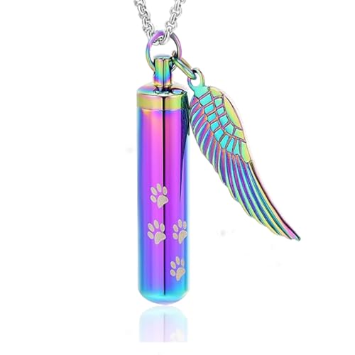 Hearbeingt Cylinder Cremation Jewelry Paw Print Urn Necklaces for Ashes | Stainless Steel,with Charm Wing,for Women Men,Memorial Necklace,Ash Pendant for Human Pet,Keepsake Jewelry,Gift,Fill Tool - color: Rainbow