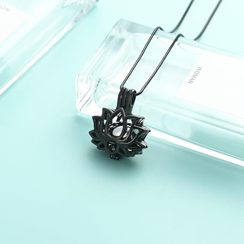 Cremation Jewelry Lotus Flower Urn Necklaces for Ashes Stainless Stell Memorial Ash Pendant Necklaces with Mini Urn Keepsake Ash Jewelry for Men Women Gifts with Funnel Filler Kit - color: Black-Silver