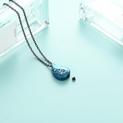 Tree of Life Teardrop Urn Necklace for Ashes Teardrop Crystal Cremation Jewelry Celtic knot Ashes Pendant Stainless Steel Keepsake Memorial Jewelry for Women Men - color: Blue