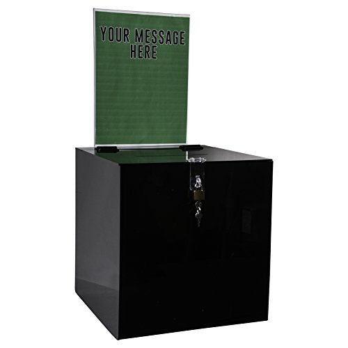 Clear-Ad - Acrylic Donation, Ballot, Raffle or Suggestion Box with Lock and Removable Sign Holder - Plastic Comment or Compaint Container - Plexiglass Multipurpose Box with Slot - Black (12x12) - size: 12 x 12 Black